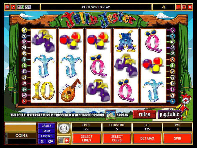 Archived Jolly Jester controls showing denomination 0.01, 25 lines, 5 coins per line and BET 125
