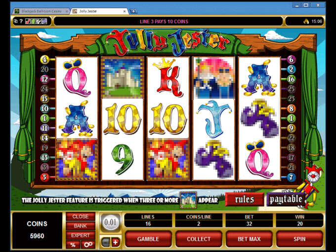 Jolly Jester screenshot with LINE 3 PAYS 10 COINS, a 32-coin bet and WIN 20