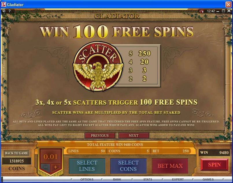 Historical Microgaming Gladiator: eagle scatter paytable and the 100-free-spin rules