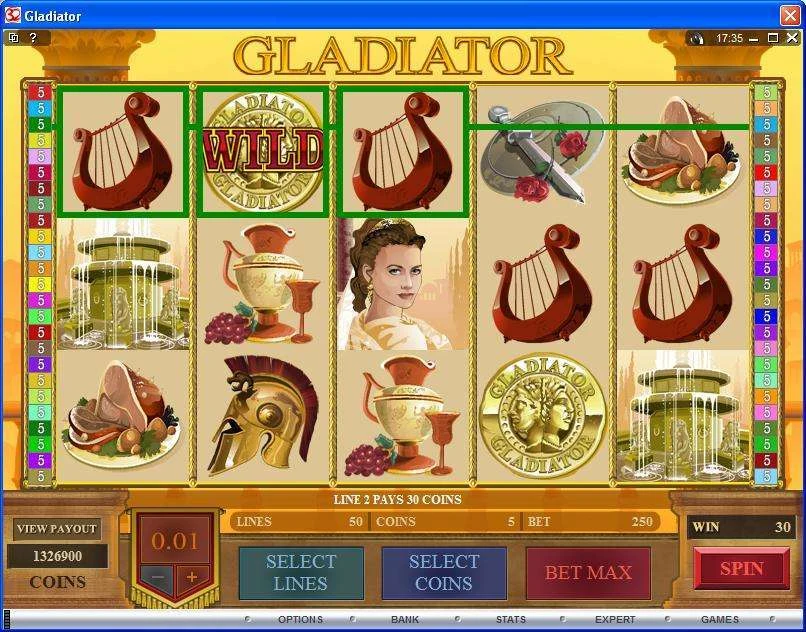 Historical Microgaming Gladiator: gameplay showing a substituting gold coin and a 30-coin line win