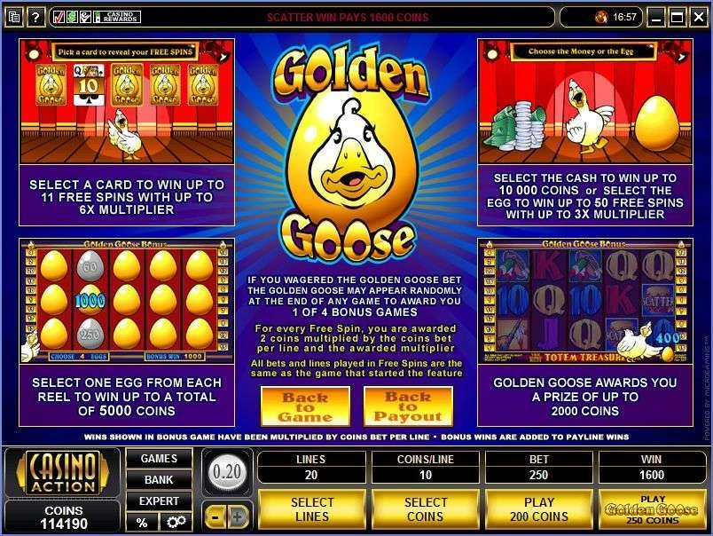 Original Golden Goose Totem Treasure rules showing all four optional bonus games