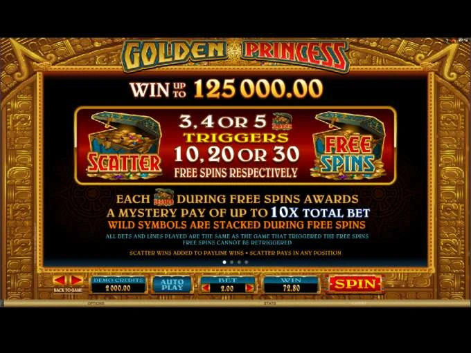 Golden Princess original free-spins help screen showing treasure-chest triggers and mystery awards