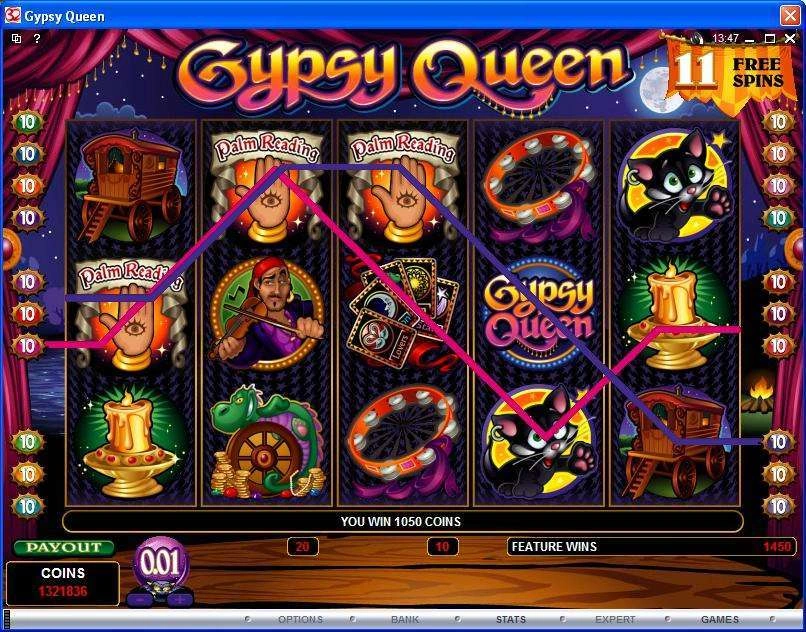 Gypsy Queen free-spin screen showing a 1050 coin win and 0.01 denomination