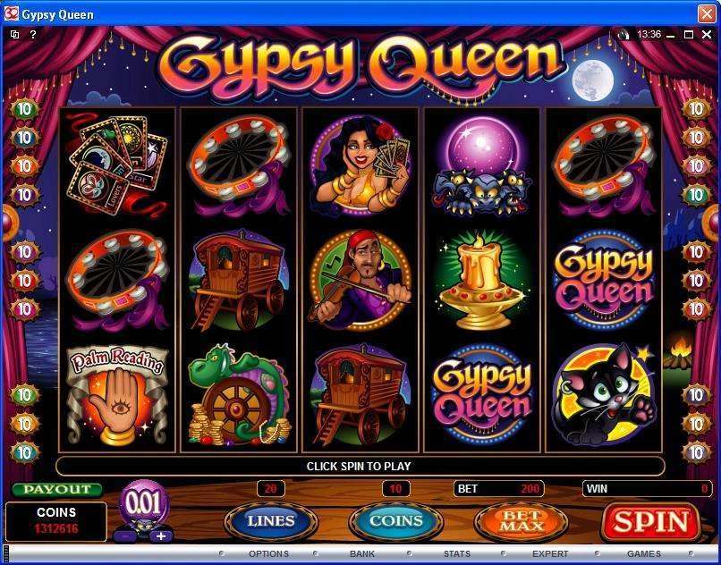 Original Gypsy Queen screen showing 20 lines, 10 coins per line, 200 coin bet and 0.01 denomination