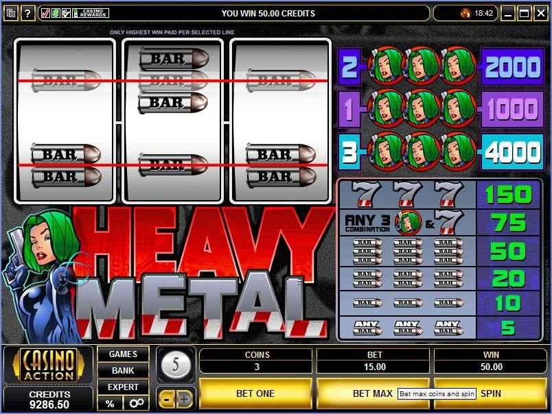 Original Heavy Metal screen showing two red winning bar lines, denomination 5, three coins, bet 15.00 and win 50.00