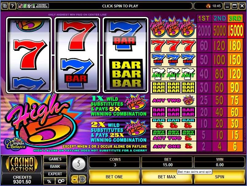 Microgaming High 5 desktop screen showing any two logos paying 25, 50 and 75 coins and a 15.00 bet