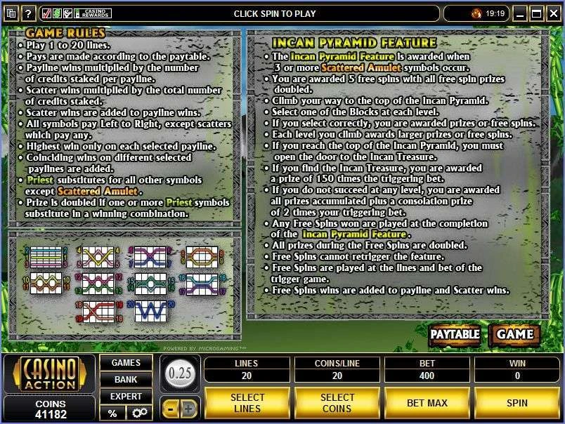 Inca Gold original rules explaining line and scatter stake units, wild doubling and the Incan Pyramid feature