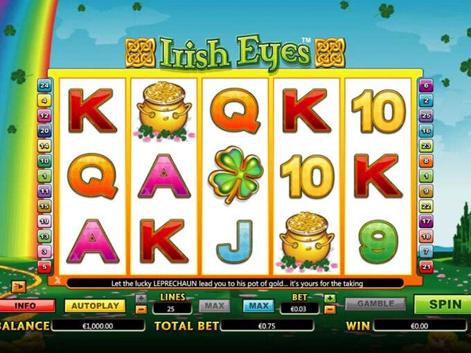 Irish Eyes Microgaming desktop game with 25 active lines, a 0.03 euro line bet and a 0.75 euro total bet