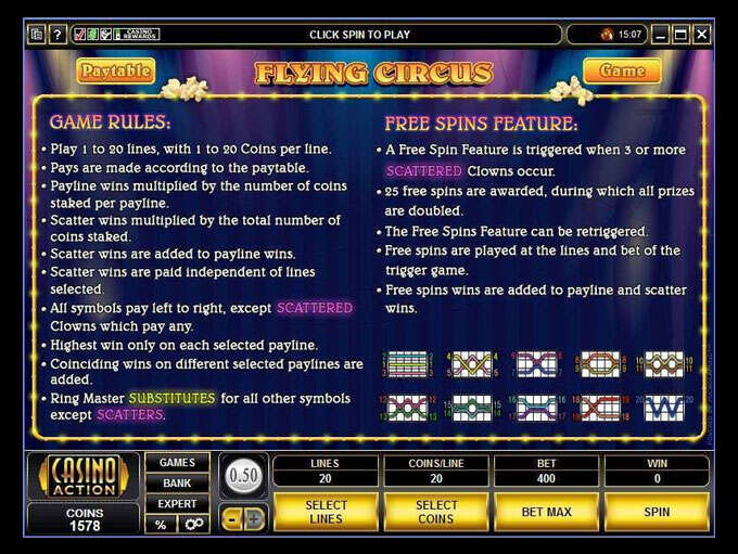Flying Circus rules confirming 25 free spins with doubled prizes and separate line and scatter payout bases