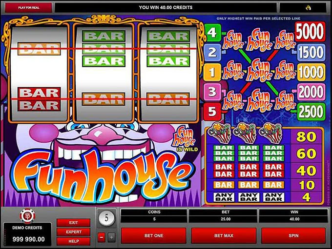 Microgaming Funhouse original screen showing five paylines, its paytable, BET 25.00 and WIN 40.00