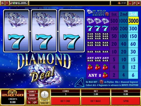 Original Microgaming Diamond Deal screen showing the one-line coin paytable and maximum-bet diamond-segment trigger
