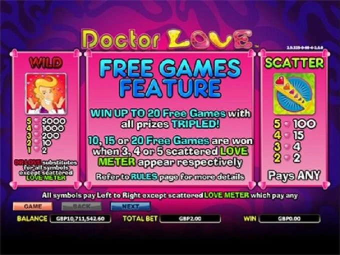 Doctor Love original help: wild, Love Meter scatter and free games.