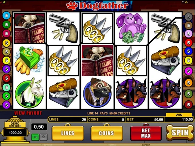 Historical Dogfather reels with 20 selected lines and five coins per line.
