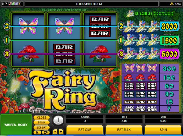 Original Fairy Ring desktop screenshot showing three horizontal paylines and fairy awards of 1500 on line 1, 3000 on line 2 and 5000 on line 3