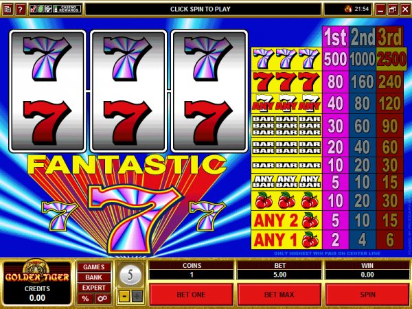 Original Fantastic 7’s desktop screen showing the centre line, one-, two- and three-coin paytable and stake controls