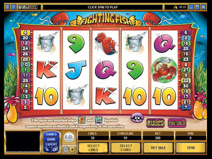 Archived Fighting Fish desktop screen showing 30 lines, 10 coins per line, a 300-coin bet and 0.01 coin value
