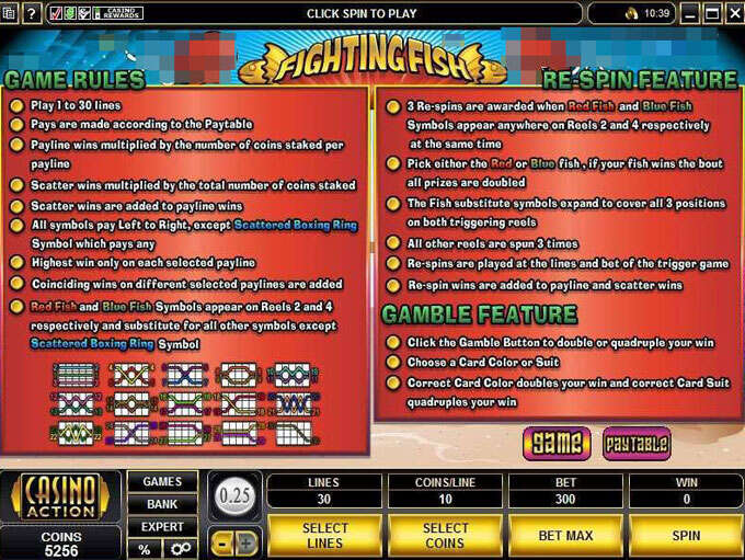 Original Fighting Fish rules screen explaining line and scatter units, three re-spins and the gamble feature