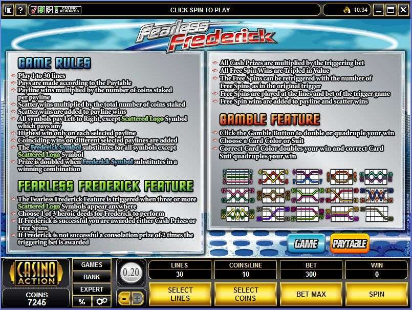 Fearless Frederick rules explaining payout units, the heroic-deed feature, free spins and gamble option