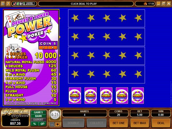 Archived Deuces and Joker Power Poker showing four hands, five coins per hand, twenty coins total and a 0.25 denomination