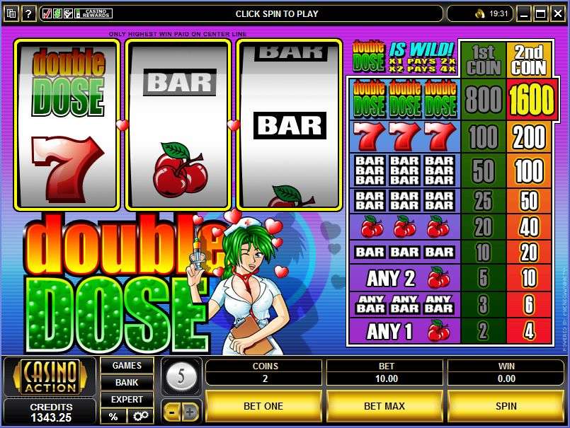 Original Double Dose screen showing one-coin and two-coin payouts and the wild 2x and 4x multipliers
