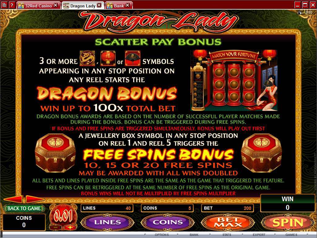 Dragon Lady original bonus rules showing the jewellery-box trigger, free-spin retriggers and multiplier exception