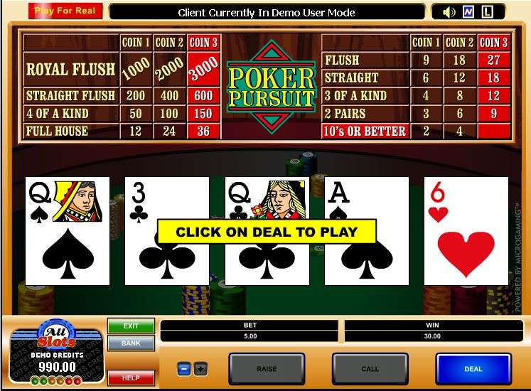 Historical Microgaming Poker Pursuit demo showing the one, two and three coin paytable and Raise and Call controls