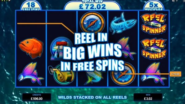 Reel Spinner feature with18free spins remaining,5xmultiplier and wilds stacked on all reels message
