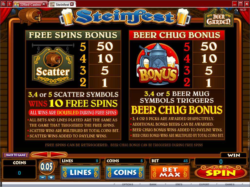 Steinfest free-spin and Beer Chug rules including total-coin-bet scatter units