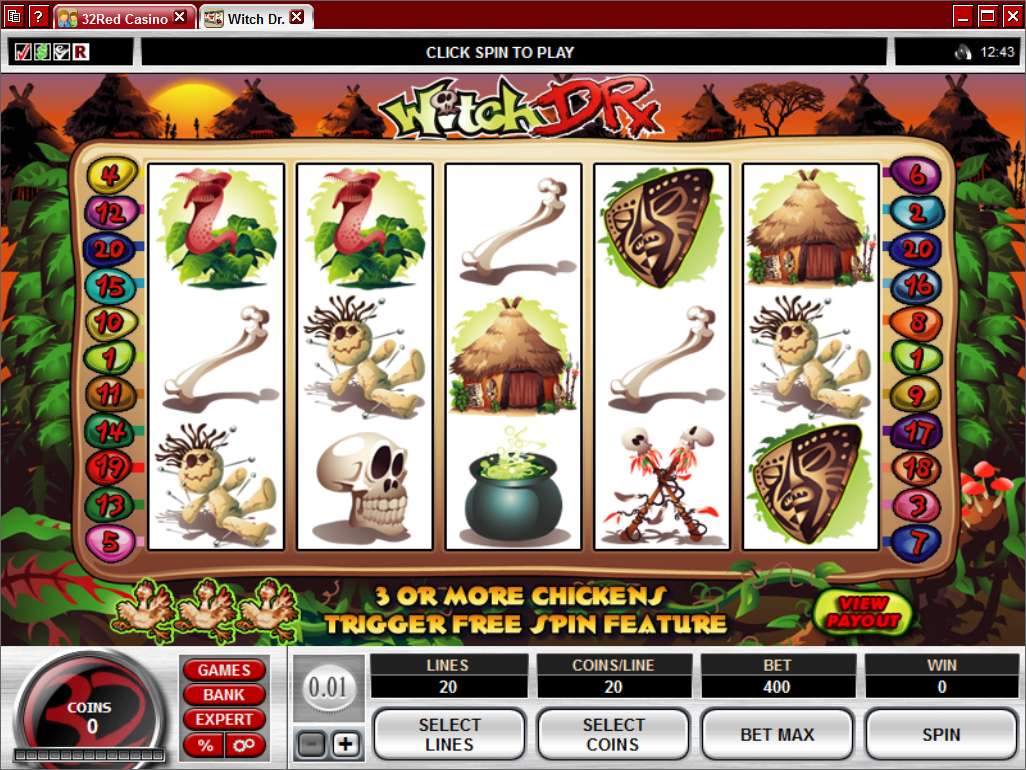 Classic Witch Dr five-reel game showing 20 lines, 20 coins per line and 400 coins total at denomination 0.01