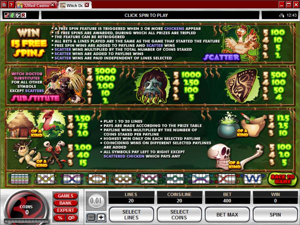 Witch Dr payout screen with separate line and scatter awards and fifteen free spins with tripled prizes