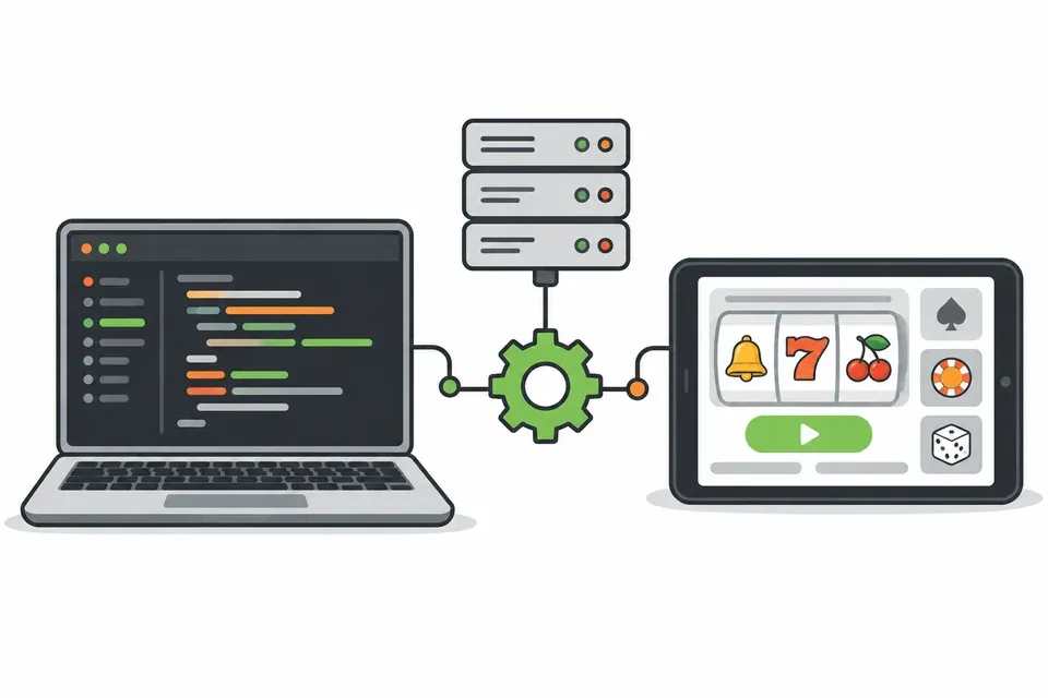 Guide illustration of casino software development, servers and connected devices