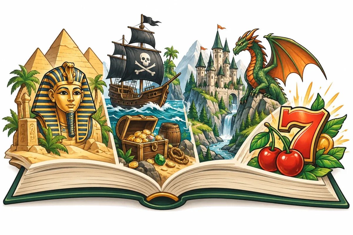 Illustrated slot themes guide featuring Egyptian, pirate, fantasy and classic fruit themes