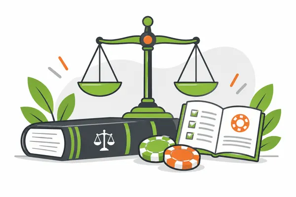 Law book, scales of justice and casino chips