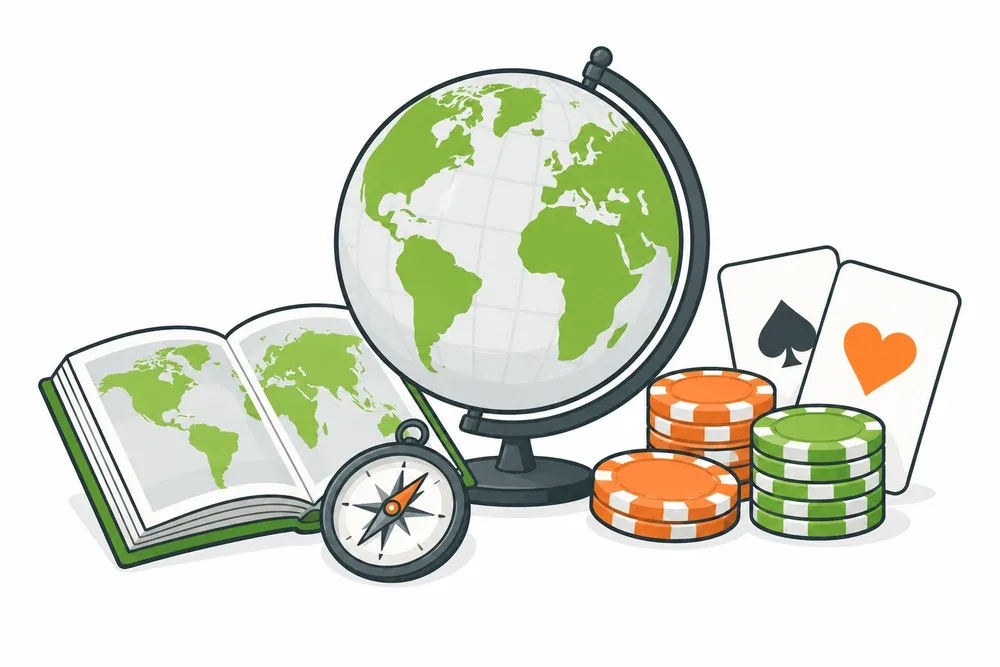 Illustrated globe, atlas and casino games