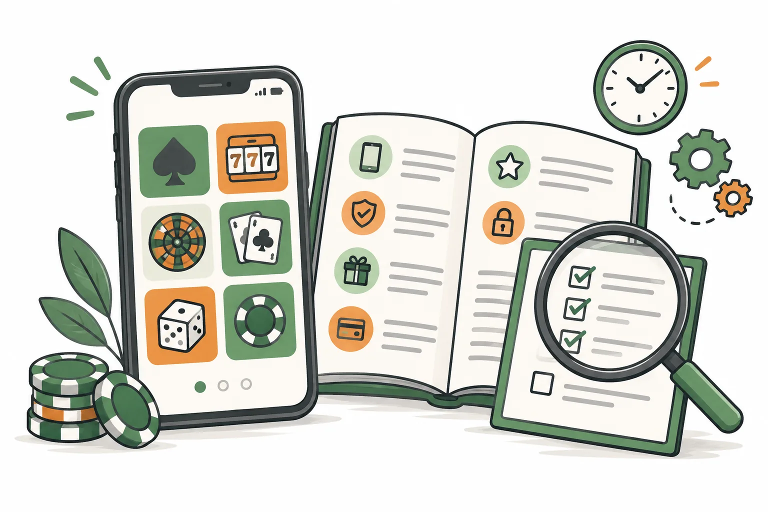 Mobile casino comparison guide with a smartphone, checklist and account settings