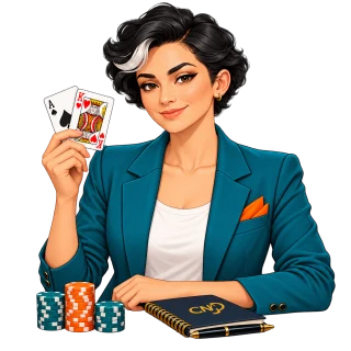 The CND Correspondent with playing cards, casino chips and her reporter notebook