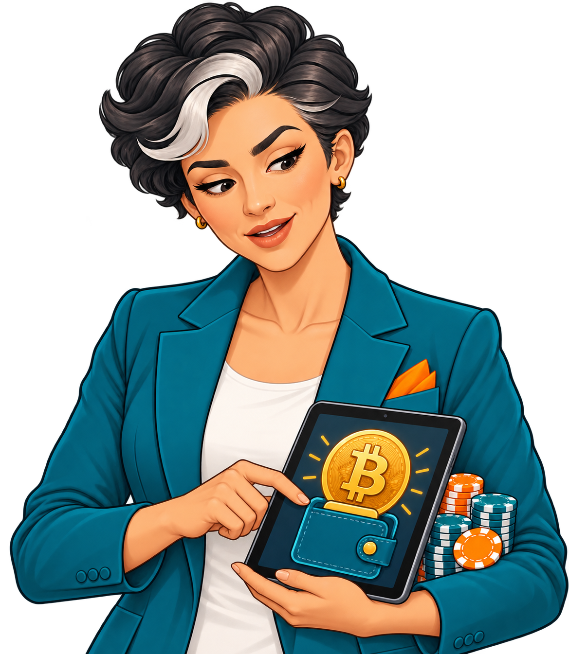 CND illustrated guide demonstrating a Bitcoin wallet on a tablet beside casino chips