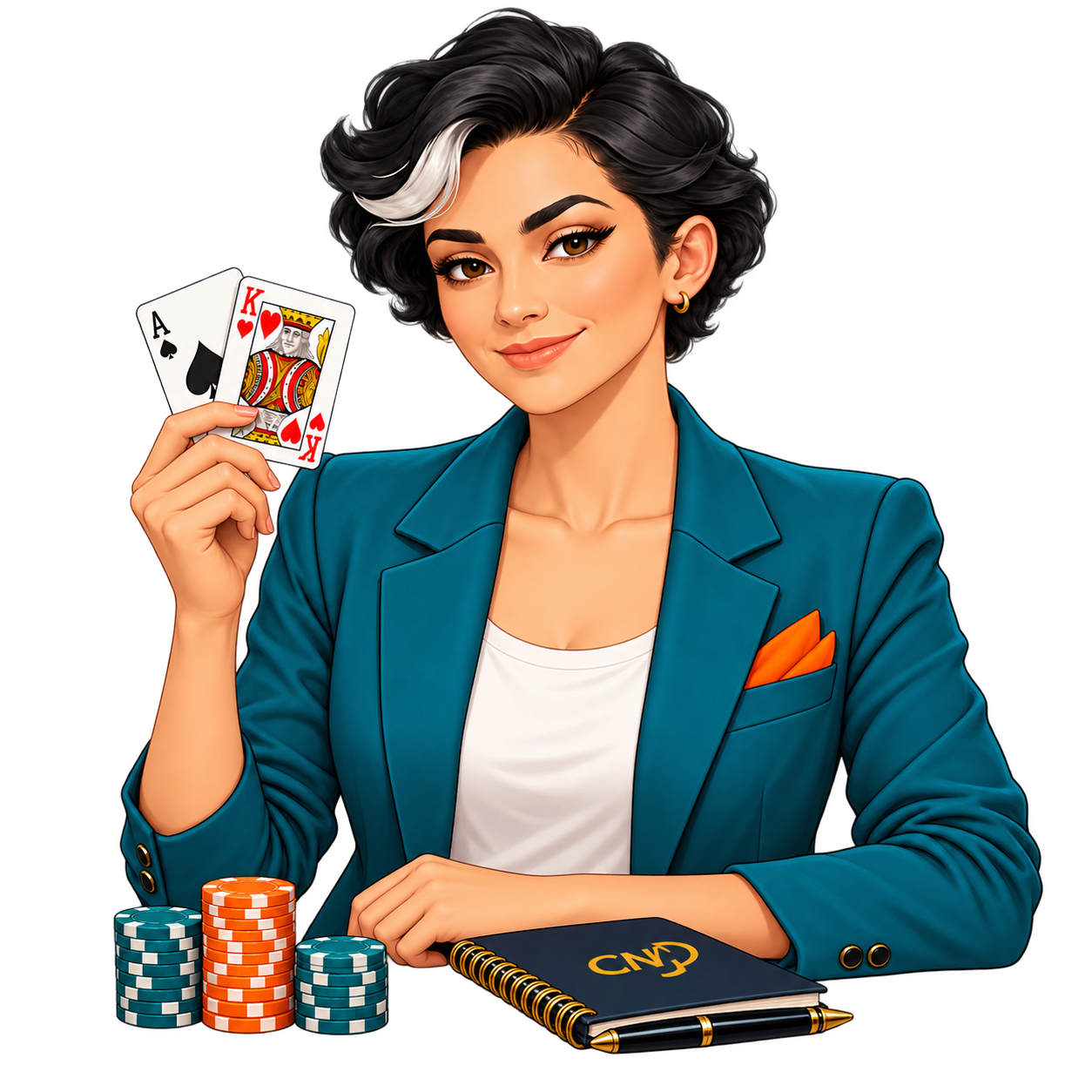 The CND Correspondent with playing cards, casino chips and her reporter notebook