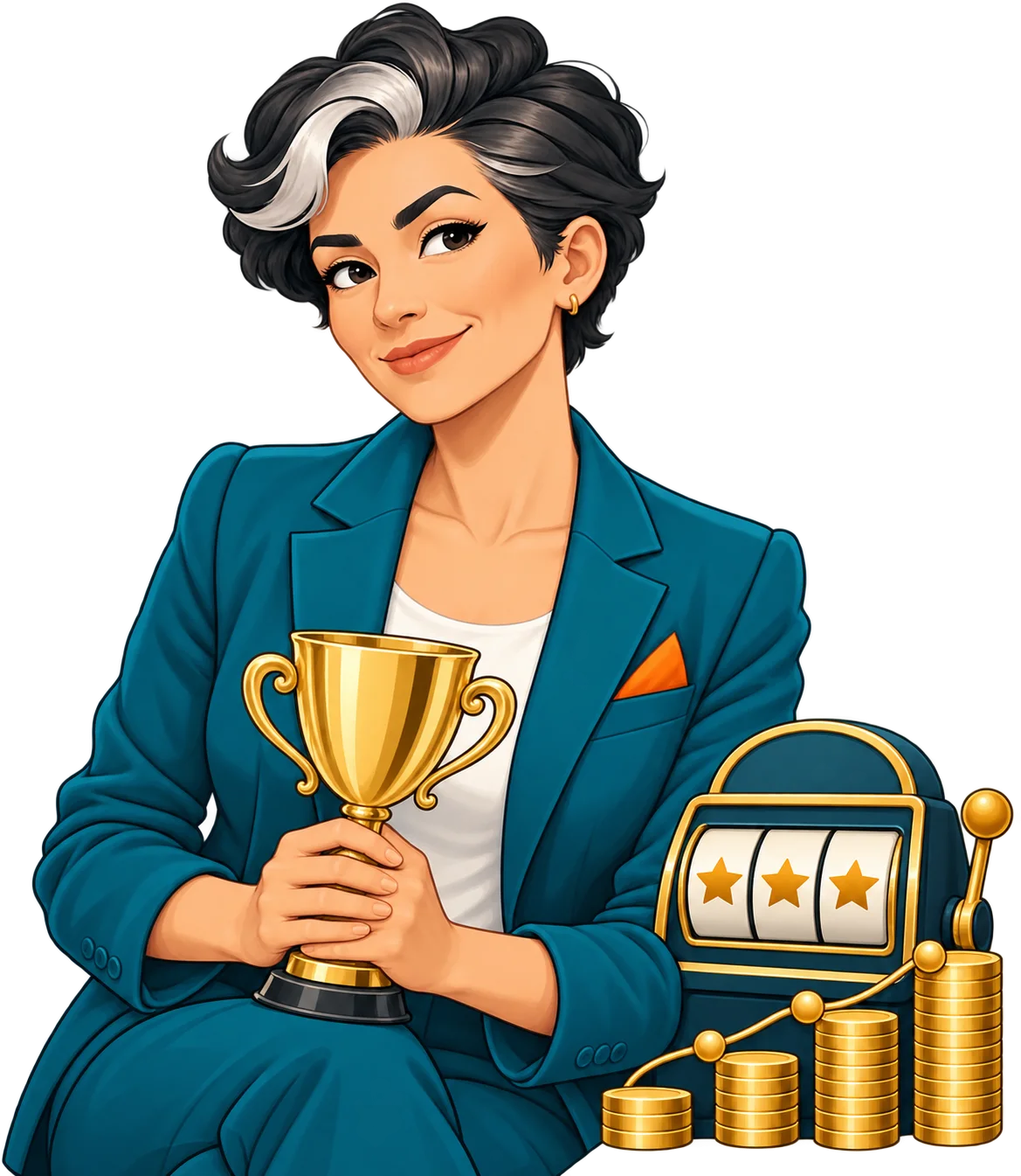 CND correspondent holding a gold trophy beside a stylized slot machine and pooled coin stacks