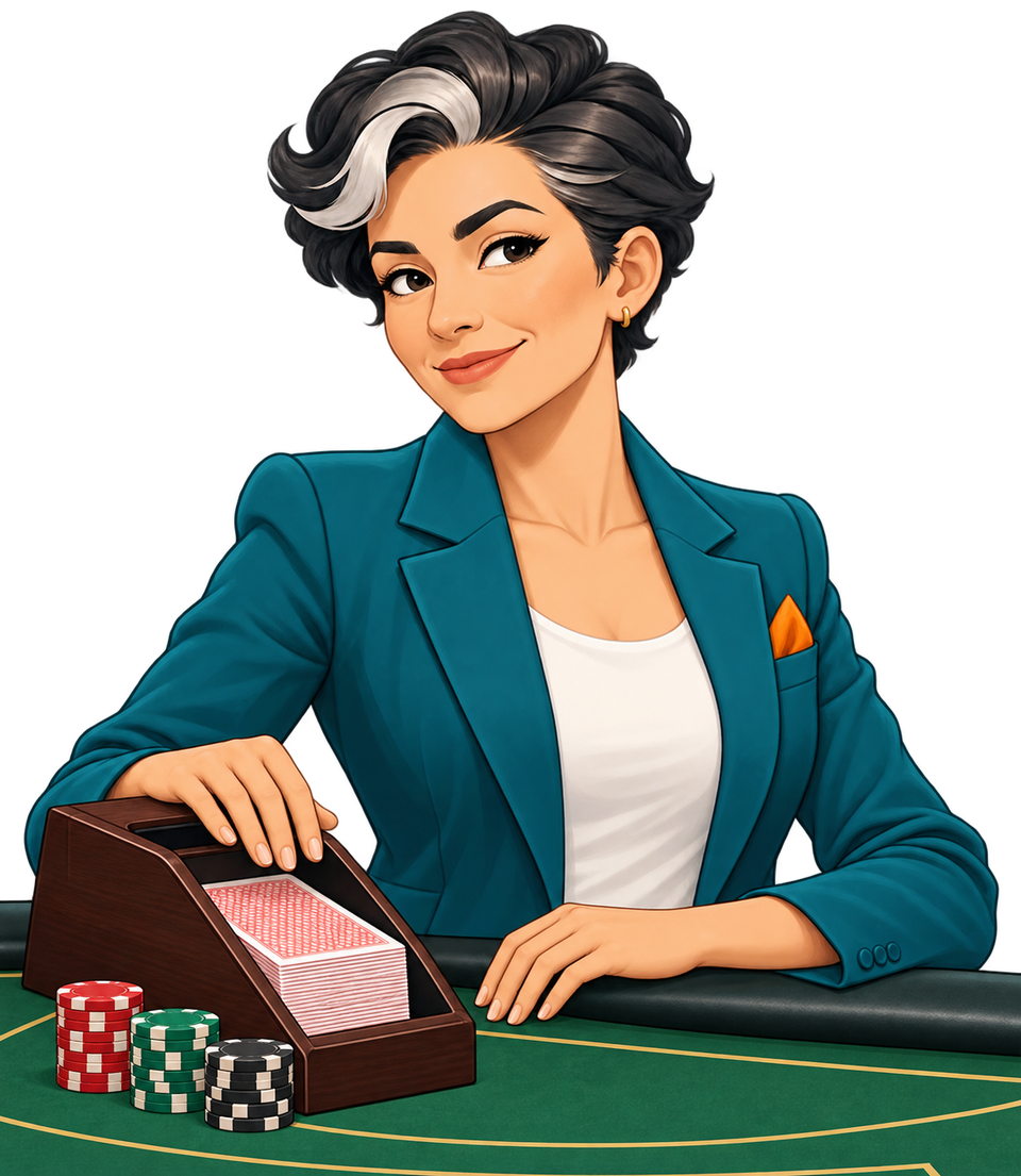 CND correspondent beside a baccarat card shoe and chips