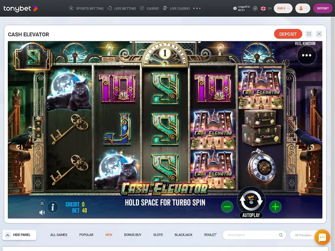 TonyBet Casino Spieloberfläche mit Slots und Live-Casino Optionen