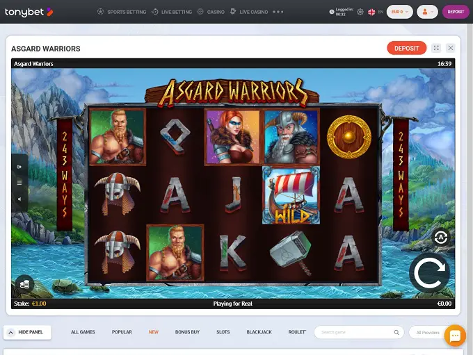 Screenshot der Tonybet Casino Oberfläche mit Slots und Live-Dealer Spielen auf einem Desktop