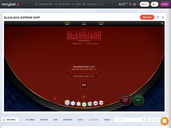 Screenshot der TonyBet Casino Spieloberfläche mit einer Auswahl an Spielautomaten und Live Casino Titeln.