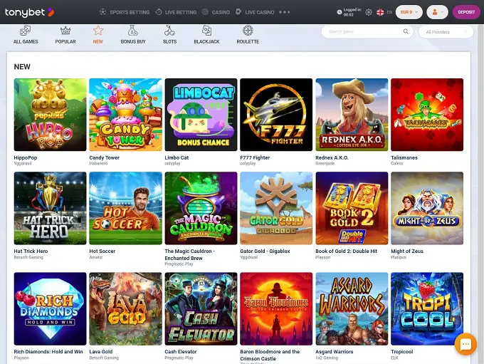 TonyBet Casino Lobby-Übersicht mit Spielkacheln und Menüs