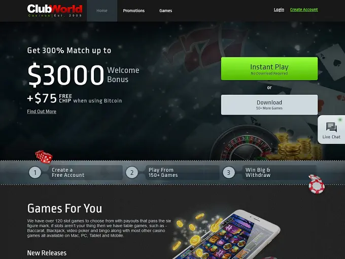 Club World Casino 300% Slots Bonus Plus $75 free chip Bonus Review