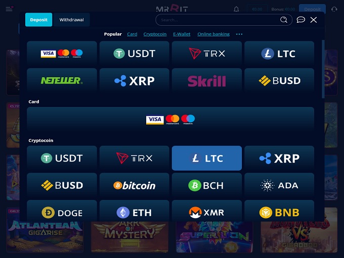 Interfața MrBit Casino