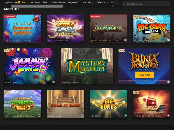 Interfaz del lobby de Betfair Casino mostrando categorías de juego