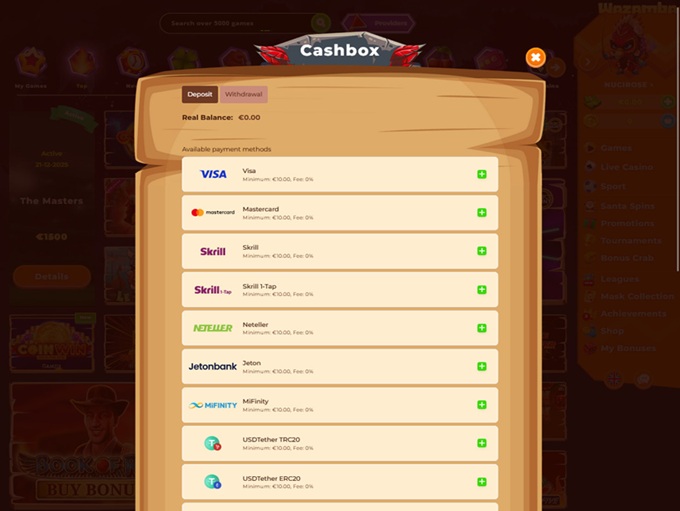 Interfaccia di Wazamba che mostra opzioni di banking