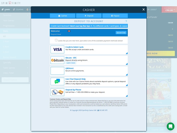 Spinfinity Casino bank 