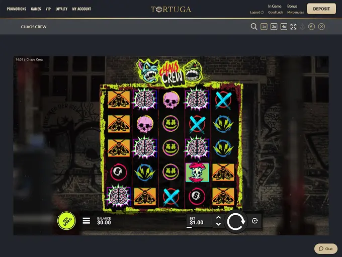 Interface des jeux de casino Tortuga montrant des machines à sous